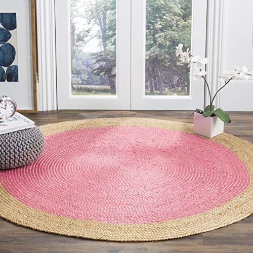SAFAVIEH Area Rug 3' Round - Natural Fiber Collection - Pink & Natural Brown, Handmade Jute, Braided Border Design (NF801P) - color: Pink/Natural, size: 3' (Round)