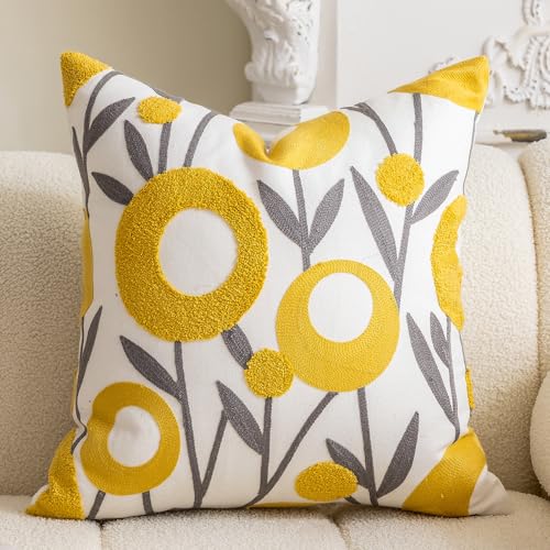 vctops Boho Floral Tufted Decorative Throw Pillow Cover Botanical Embroidered Cotton Cushion Cover for Couch Sofa Bed (Flower D,18"x18") - color: Flower D, size: 18" x 18" (Pack of 1)