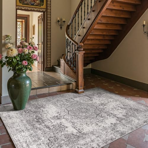 jinchan Area Rug 5x7 Washable Living Room Rug Vintage Traditional Distressed Lightweight Thin Retro Indoor Floor Cover Non Slip Floral Carpet for Bedroom Dining Room Bathroom Kitchen Office Grey - color: Vintage Grey, size: 5' x 7' (Rectangular)