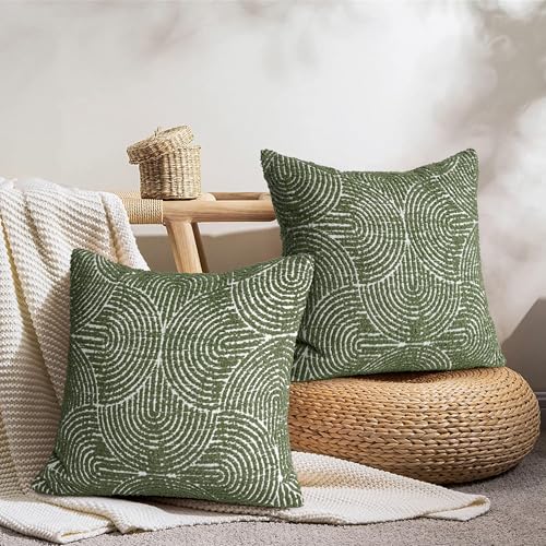 AELS Boho Decorative Textured Throw Pillow Covers 16x16, Modern Mid Century Rainbow Tufted Pillow Case, Farmhouse Rustic Geometric Woven Cushion Case for Bed Couch Sofa, Olive Green - color: Olive Green, size: 16" x 16" (Pack of 2)