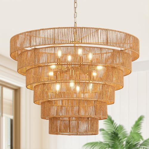 31.49" Large Rattan Gold Chandelier for Dining Room, Farmhouse 12-Lights Boho Hand-Woven Bamboo Chandelier, Drum Wicker Golden Chandeliers for Kitchen Island, Living Room, Bedroom - color: Gold 31IN