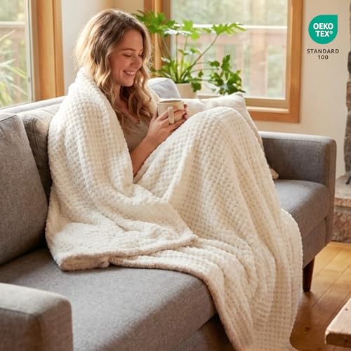 Snuggle Sac Ultra Soft Waffle Throw Blanket for Couch Bed Sofa 50x60 inches, Reversible Cream Blanket Microfiber Fluffy Fuzzy Cozy Knit Throws for Women Mothers Birthday Gifts - color: Waffle Cream, size: Throw(50"x60")