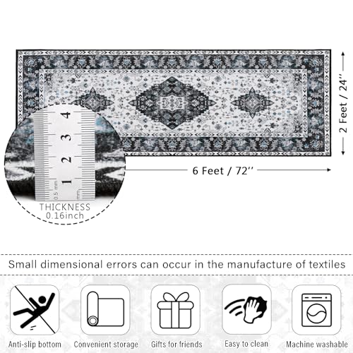 Amearea Vintage Design Runner Rugs for Living Room, 2x6 Machine Washable Floral Collection Traditional Bedroom Rug, Low Pile Cute Kids Room Print Carpet, No Slip Office Kitchen Home Decor, Black - color: Black, size: 2' X 6' (Runner)