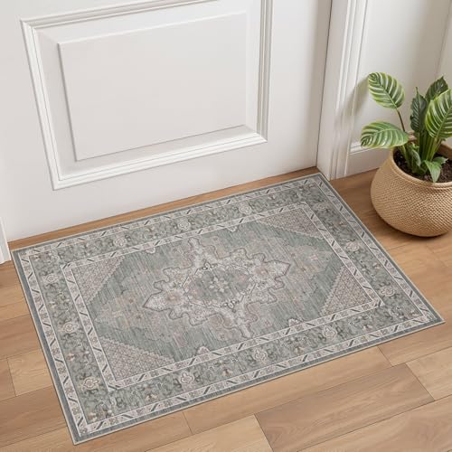 Tortania Area Rug 2x3 Doormat - Washable Vintage Oriental Farmhouse Soft Thin Indoor Carpet for Living Room Bedroom Hallway Entryway Kitchen - Green Gray - color: Green Gray, size: 2' x 3' (Rectangular)