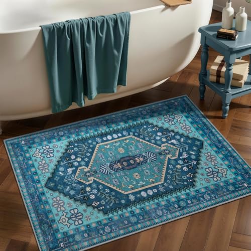 Ciicool Small Area Rug, 2x3ft Boho Rug, Ultra Soft Entry Rugs for Entryway, Non-Slip Washable Rugs Oriental Low-Pile Indoor Mat Floor Carpet for Entrance Bedroom Kitchen Bathroom Foyer Decor - color: Teal, size: 2' X 3' (Rectangular)