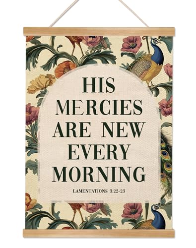 Vintage Christian Poster Wall Art Decor, Inspirational Christian Bible Verse - His Mercies Are New Every Morning Boho Wall Art Framed Decor,Peacocks and Floral Canvas Poster for Bedroom Living Room Office 14x18.5inch - color: Green- His Mercies