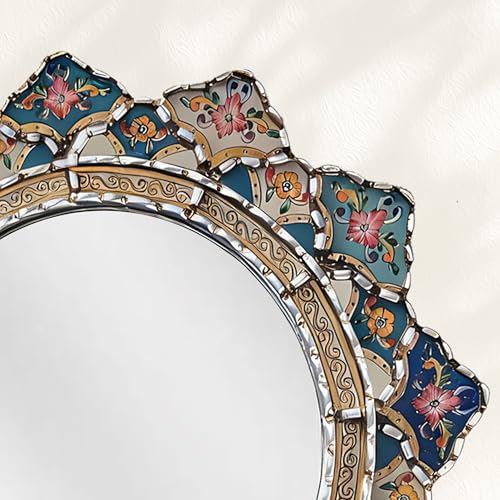 2 Pieces Peruvian Round Wall Mirror - Boho Flower Shape Vintage Decor, Acrylic Wooden Decorative Mirror with Flat Printed Patterns, Small Blue Accent for Bedroom - color: Blue and White