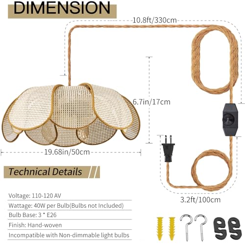3-Light Hanging Lights with Plug in Cord, 14.3FT Stepless Brightness Flower Shaped Hanging Lamp with On/Off/Dimmable Switch, Boho Handwoven Chandelier Rattan Pendant Light for Bedroom Nursery (Cream）