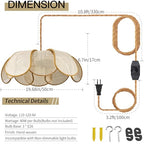 3-Light Hanging Lights with Plug in Cord, 14.3FT Stepless Brightness Flower Shaped Hanging Lamp with On/Off/Dimmable Switch, Boho Handwoven Chandelier Rattan Pendant Light for Bedroom Nursery (Cream）