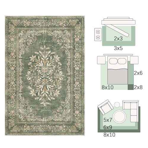 jinchan Green Floral 2x3 Rug for Entryway - Vintage Washable Area Rug Ultra-Thin Low Pile Soft Small Non Slip Distressed Doormat for Entrance Kitchen Bathroom Bedroom (2x3ft,Dark Green) - color: Floral Dark Green, size: 2' x 3' (Buttery Soft)
