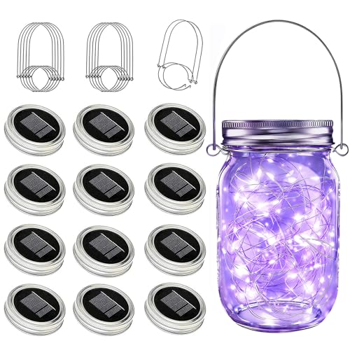 Mason Jar Solar Lights 30 LED Outdoor Solar Firefly Lights,Solar Fairy Lids Lights（No Jars）,Waterproof Lantern Mason String Solar Lights with Hangers for Regular Mouth Jars (12pack-Purple) - color: 12pack-Purple