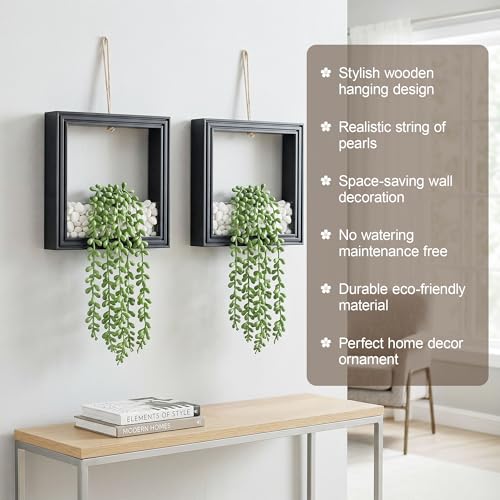2 Pack Fake Plants Hanging, Artificial Succulents Plants in Square Wooden Frame with Glow Accents, Boho Wall Decor for Office Living Room Bathroom Bedroom Kitchen Indoor Outdoor, Black - color: Black