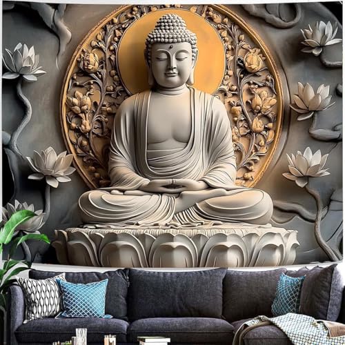 FENDROM Vintage Sitting Buddha Tapestry Wall Hanging Buddhist Statue Tapestries Lotus Meditation Wall Decor Psychedelic Indian Zen Art for Bedroom Living Room Home Decor - color: Orange, size: 59"L x 39"W