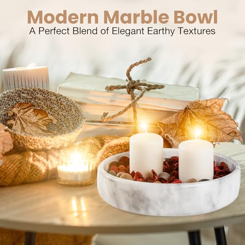 FNTSTICGOODS Marble Decorative Bowl - 7.5" White/Grey Solid Marble Centerpiece - Handmade Stone Fruit Bowl - Catch-All or Key Bowl for Kitchen - Modern Minimalist Decor - color: White / Grey - Marble