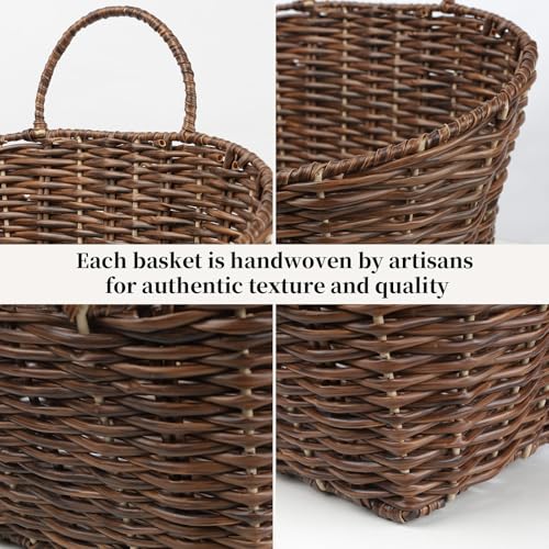 Hanging Wall Basket Handwoven Wicker Basket for Plants, Flowers & Storage, Rustic Farmhouse Wall Decor Organizer, Dark Brown Plastic Rattan - color: Plastic Rattan Tube - Dark Brown