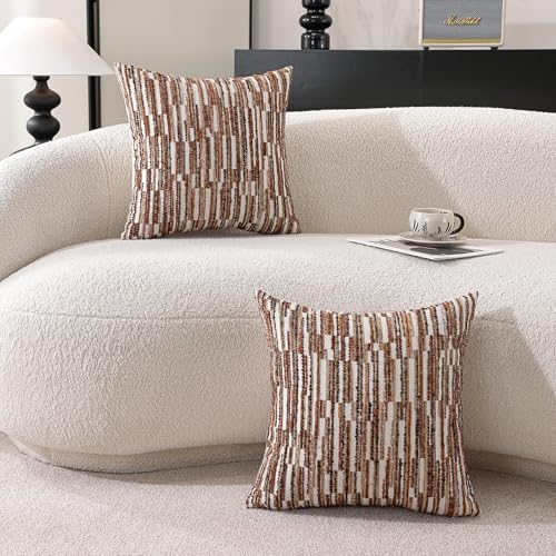 Striped Throw Pillow Covers 20x20 Set of 2 Orange Textured Boucle Chic Morden Boho Accent Farmhouse Decorative Chenille Pillow Covers for Home Decor Bed Sofa Living Room - color: Orange, size: 20" x 20" (Pack of 2)