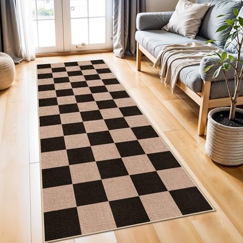 2x6 Jute Woven Runner Rug: Non-Slip Backing Diamond Pattern - Easy Clean Carpet for Hallway Kitchen - Washable Thin Indoor Rugs for High Traffic Areas Farmhouse Home Decor (Black，2x6) - color: Black, size: 2' x 6' (Rectangular)