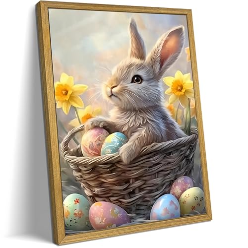 Easter Bunny Wall Art, Cute Rabbit Canvas Wall Decor Painting, Easter Eggs Poster Print Picture, Spring Farmhouse Animal Oil Painting for Living Room Bedroom Kitchen Holiday Home Decor 12x16 Inch Wood Framed - color: Easter Bunny C, size: 16"L x 12"W