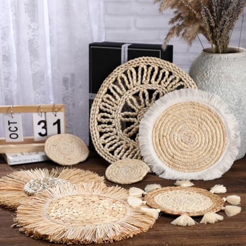 CroBlissful 7 Pcs Boho Wall Basket Decor Hanging Handcrafted Seagrass Woven Round Bohemian Basket Wall Decoration Art for Farmhouse Home Room Rustic Decorations Table, Multi Sizes(Vintage) - style: Retro