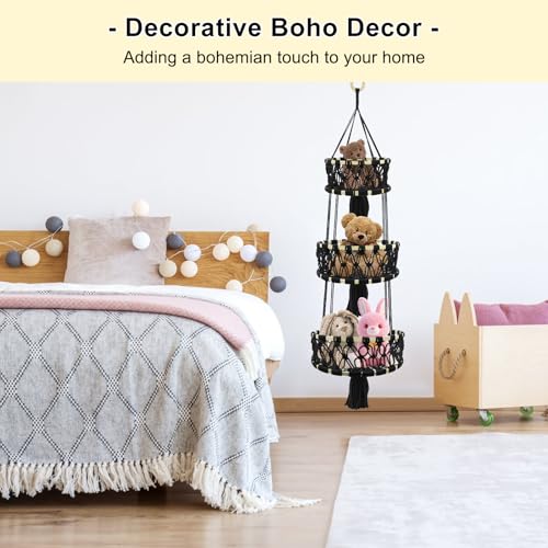 3-tier Hanging Fruit Baskets for Kitchen, Woven Cotton Rope Fruit Hammock, Macrame Hanger Holder for Fruit Vegetable Produce Storage & Organization, Boho Hanging Plant Holder for Indoor Outdoor - color: Black