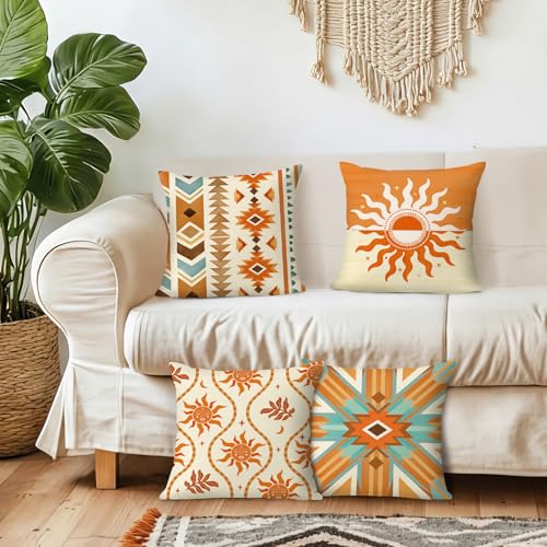 Bonhause Boho Southwestern Throw Pillow Covers 18x18 Inch Orange Aztec Ethnic Tribal Geometric Pattern Outdoor Decorative Polyester Linen Cushion Covers for Couch Sofa Bed Home Decor Set of 4 - color: Orange & Brown, size: 18" x 18" (Pack of 4)