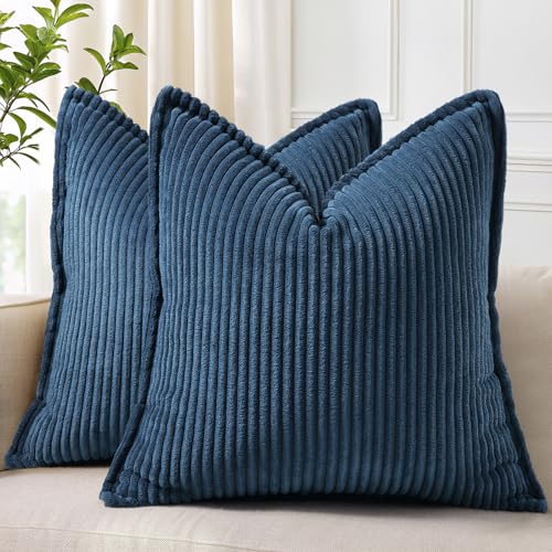 decorUhome Summer Patriotic Corduroy Navy Blue Coastal Euro Sham Throw Pillow Covers 24x24 Set of 2 Decorative Soft Boho Farmhouse Couch Pillow Covers for Bed Sofa Broadside Striped Pillow Cases - color: Navy Blue, size: 24" x 24" (Pack of 2)