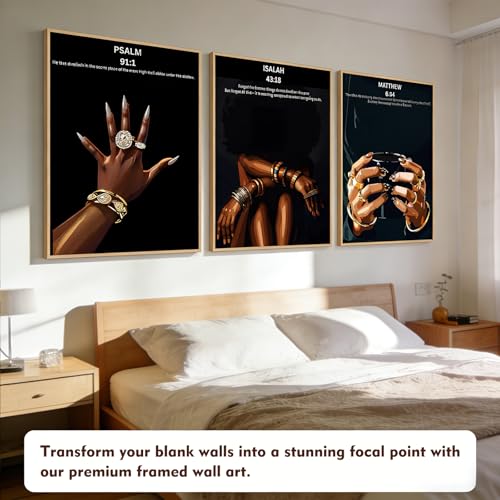 Framed Set of 3 Black Christian Girl camvas Wall Art Bible Verse Scripture Picture Prints Faith Inspirational Painting Poster Wall Decor for Living Room Bedroom Prayer Room Solid Wood 12x16 Inches - color: Bible Framed, size: 12"L x 16"W