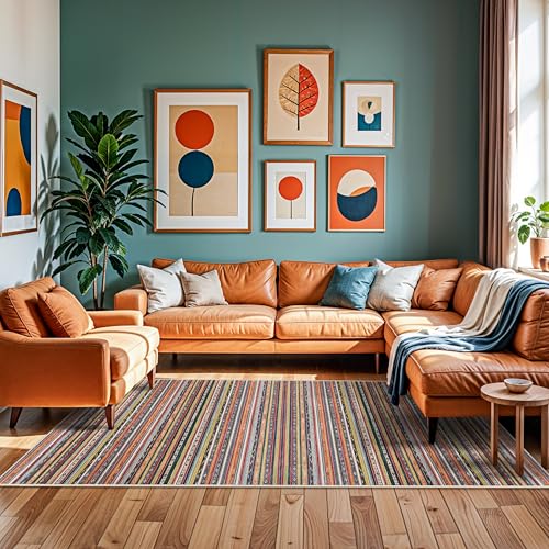 HILORUUG 4x10 Rug Washable Living Room: Non-Slip Southwestern Striped Runner for Kitchen Hallway Entry - Farmhouse Low Pile Stain Resistant Long Thin Floor Carpet 4x10 Red/Blue/Multi - color: Multi Color, size: 4x10