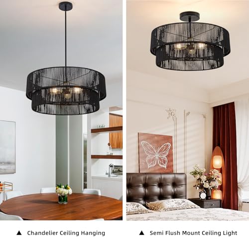 Black Boho Rattan Chandelier 23.6'' Hand Woven Chandelier Light Fixture 3-Light Farmhouse Drum Pendant Light for Dining Room Bedroom Kitchen Hallway Foyer - color: 23.6" Black Rattan