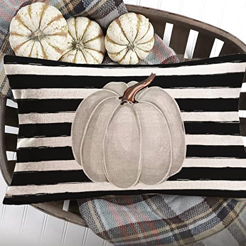 Fall Decor Grey Pumpkin Throw Pillow Covers 12x20 Inch White Black Stripes with Pumpkins Seasonal Autumn Harvest Thanksgiving Halloween Farmhouse Decoration Pillow Cases Cotton Linen - color: Grey Pumpkin Black Stripes