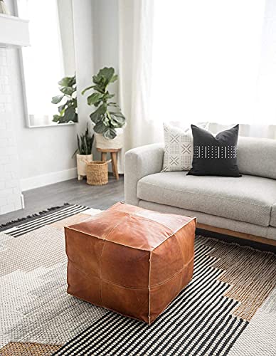ARTOUARZAZATE Square Leather Pouf - Moroccan Pouf - Genuine Goatskin Leather - Bohemian Living Room Decor - Hassock & Ottoman Footstool - Unstuffed (Brown, 18" D x 18" W x 14" H) - color: Brown