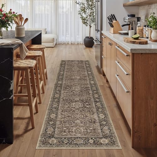HUGEAR Brown Washable 2x8 Runner Rugs for Hallway Entryway Vintage Distressed Neutral Rug Carpet Durable Soft Non Slip & Shedding Stain Resistant Low Pile Indoor Home Decor - color: Retro | Brown, size: 2' x 8' (Runner)