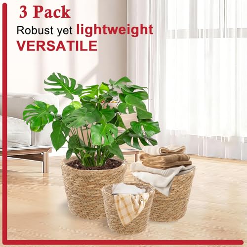 3 Pack Plant Basket for Indoor, Wicker Seagrass Plant Pots with Liner, Macrame Plant Hanger, Woven Natural Planter Baskets Outdoor for Flower, Balcony,Home