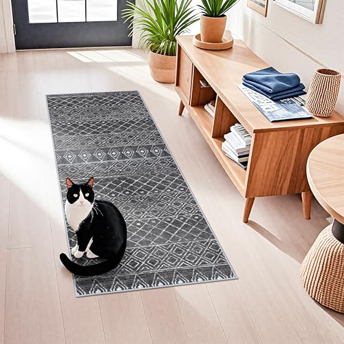2x5 Rug Runner Moroccan - Washable Hallway Runner Rug Non Slip Pets Friendly Runner Low Pile Soft Indoor Floor Mat Front Door for Kitchen Bedroom Entryway Laundry 2x5 Black - color: Black, size: 2' x 5' (Rectangular)