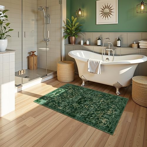 Dark Green Area Rug 2x3 Entryway Rug for Bedroom Bathroom, Non-Slip Low-Pile Washable Distressed Boho Carpet Retro Accent Doormat for Laundry Room Hallway Kitchen 24x36 Inch - color: Dark Green, size: 2'x3'