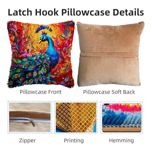 Colorful Peacock DIY Latch Hook Pillow Kits for Adults Printed Pillowcase Crochet Yarns Hooking Handmade Pillow Cover Cushion for Home Sofa Decoration 17x17inch - color: 09-Peacock