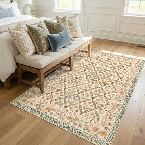 jinchan Haden 4x6 Floral Area Rug Vintage Cottage Decor Soft Non-Slip Low Pile Washable for Bedroom Dining Room Home Office Apartment Small Living Room Carpet Teal Blue - color: Teal Blue, size: 4' x 6' (Rectangular)