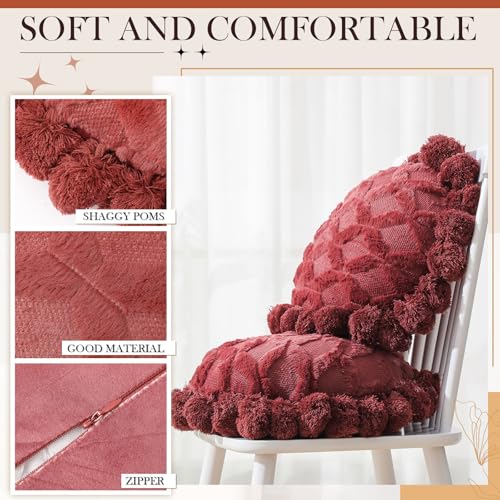 Tranqun 2 Pcs Boho Throw Pillows Cover 15.7 Inch Round Bohemian Decorative Pillow Covers Throw Pillow Cover Hand Tufted with Textured Pom Poms Cushion for Couch Sofa Bed Yoga (Red Rust Color) - color: Red Rust Color