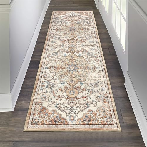 Pauwer Boho Hallway Runner Rug 2x6 Washable Entryway Area Rugs Non Slip Farmhouse Vintage Floor Mat Carpet Runner for Hallways Laundry Room Kitchen Bathroom Bedroom - color: Brown/Blue, size: 2' x 6' (Runner)