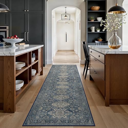Bavni Washable Runner Rug 2’6”x10’, Non Slip Long Hallway Runner, Vintage Aesthetic Ultra Thin Low Pile Washable Carpet for Kitchen Bedroom, Blue - color: Blue, size: 2'6" x 10' (Rectangular)