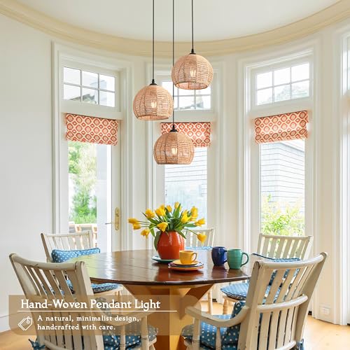 3-Light Mini Hemp Rope Woven Pendant Light Kitchen Island,3 Dome Hand Woven Boho Rattan Chandelier Farmhouse Wicker Ceiling Light,rustic Light Fixture For Living Room Hallway Dining Room(Bulb Incl. - color: 11.8" Natural 3-Light