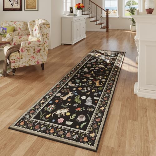 Rugcomf 2x5 Runner Rug - Floral Cat Machine Washable Kitchen Rug, Non-Slip Low Pile Boho Carpet for Hallways, Laundry, Entryway, Bedroom, Bathroom - Black - color: Black/Cat, size: 2' x 5' (Rectangular)