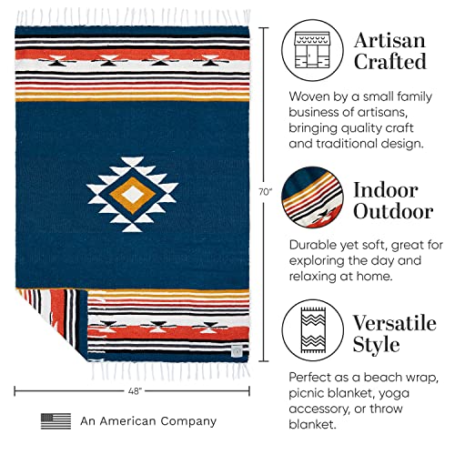 Blue and Tan Mexican Blanket by Laguna Beach Textile Co - Beach, Yoga, Camping, or Decorative Throw Blanket - Traditional Handmade Serape - Navy Baja - color: Navy