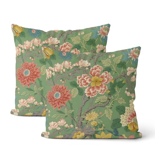 Chinoiserie Throw Pillow Covers 16x16 Inch 2 Pcs Sage Green Pink Floral Decor Pillow Covers Vintage Flower Spring Summer Outdoor Boho Decorative Pillowcase Linen Cushion Cover for Couch - color: Chinoiserie Green Pink Floral, size: 16" x 16" (Pack of 2)