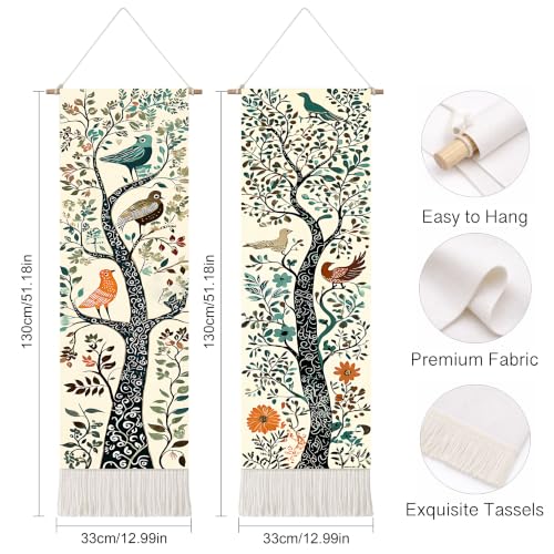 seewan 2 Pack Long Vertical Wall Tapestry, Boho Nature Landscape & Floral Aesthetic Wall Hanging for Bedroom Living Room Home Decor, Long Narrow Art Tapestry with Sunrise Mountain Botanical Designs, 13" × 51" (Art Nouveau Tree, 13"Wx51"H, Unframed) - colo