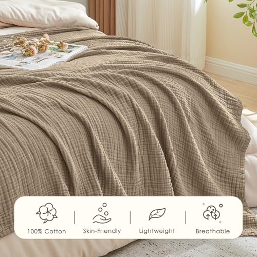 EMME Cotton Muslin Throw Blanket for Couch Breathable Gauze Soft Lightweight Blankets for Adults (Tan, 50"x60") - color: 03 - Tan, size: Throw (50" x 60")