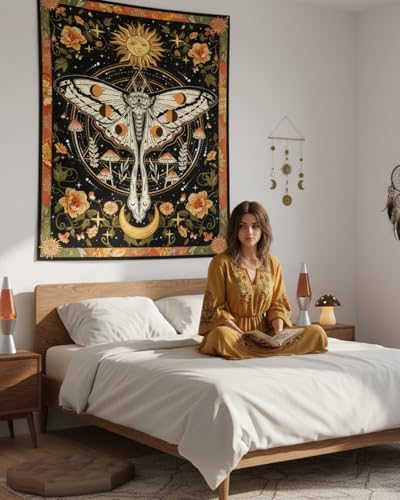 Aipon Orange Moth Tapestry Boho Retro Floral Flowers Tapestries Aesthetic Vintage Mushroom Tapestries Bedroom Indie Vertical Tapestry Wall Hanging for Living Room Dorm (60.00'' × 80.00'', Orange) - color: Orange, size: 80"L x 60"W