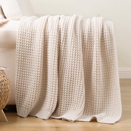 Bunnikins & Clover Cream White Throw Blanket for Couch, Waffle Ivory Throw Blanket for Bed, Warm Decorative White Blanket Throw for Home Decor, 60"x80" - color: Cream, size: 60"x80"