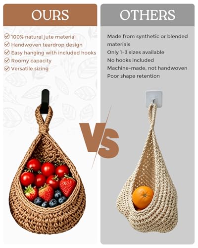 6 Pack Boho Wall Hanging Fruit Baskets, Kitchen Hanging Fruit Basket with 6 Pcs Hooks, Handwoven Teardrop Home Storage for Fruits, Vegetable, Potato