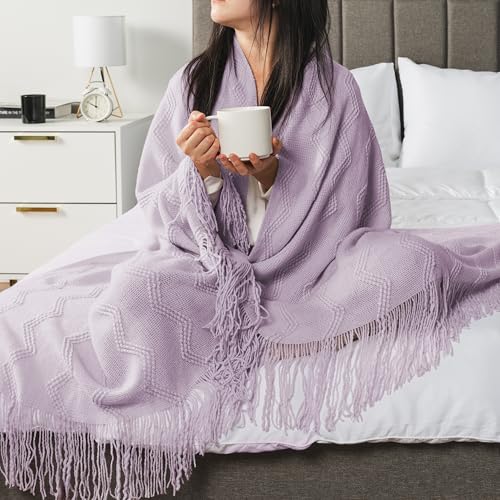 PAVILIA Lavender Purple Knit Throw Blanket for Couch, Twin Bed, Soft Knitted Farmhouse Sofa Throw for Living Room, Lightweight Decorative Summer Blanket for Chair, Outdoor Textured Boho Blanket, 60x80 - color: Lavender Purple, size: 60 X 80 Inches - Twin